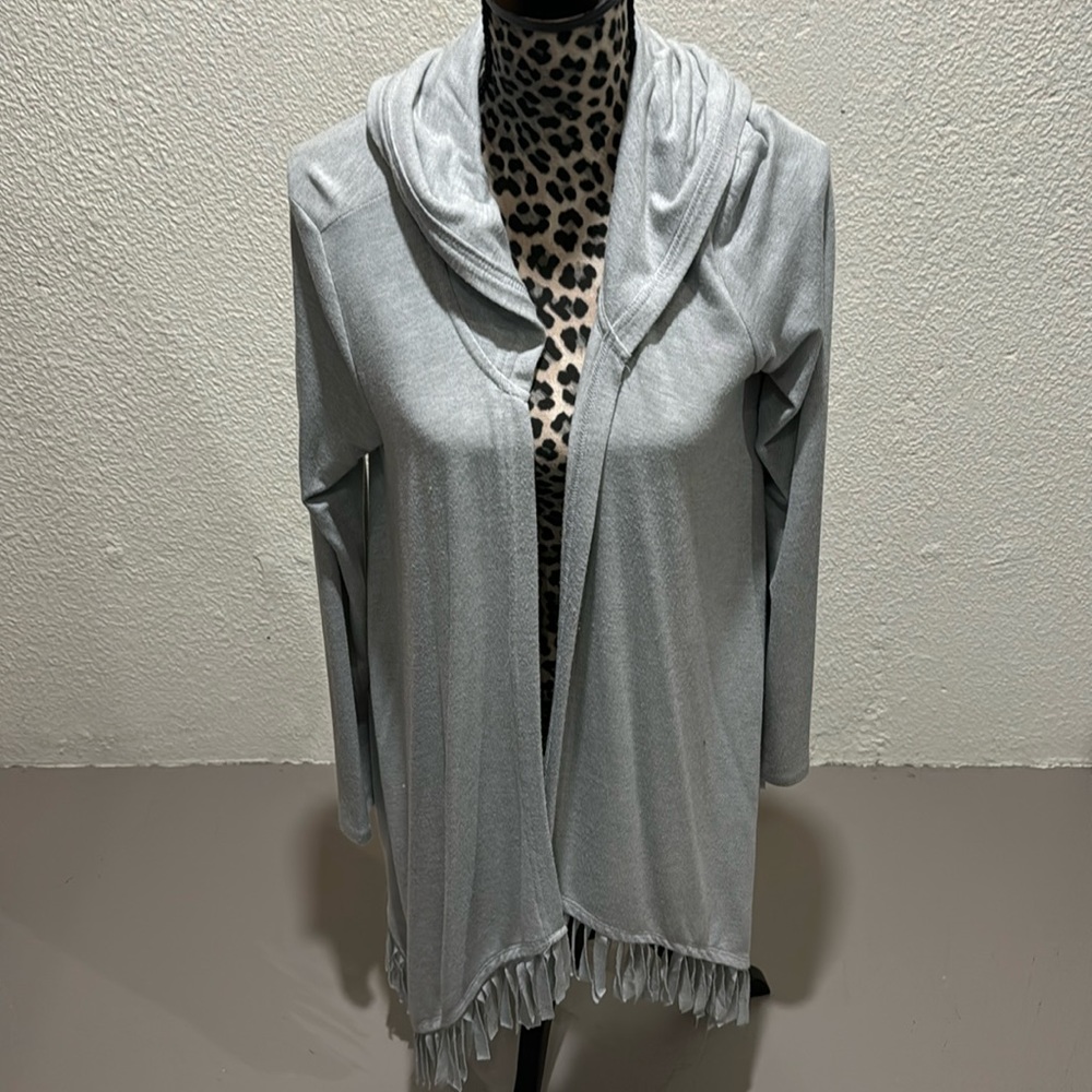 Light gray thin hooded cardigan sweater/jacket with fringe accent on bottom
